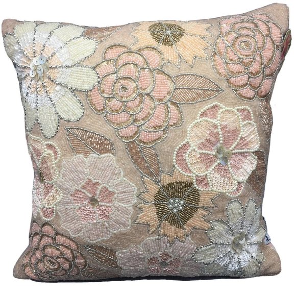 Primrose Vintage Beaded Pastel Pink Flower Decor Pillow Velvet Cream Silver 18"